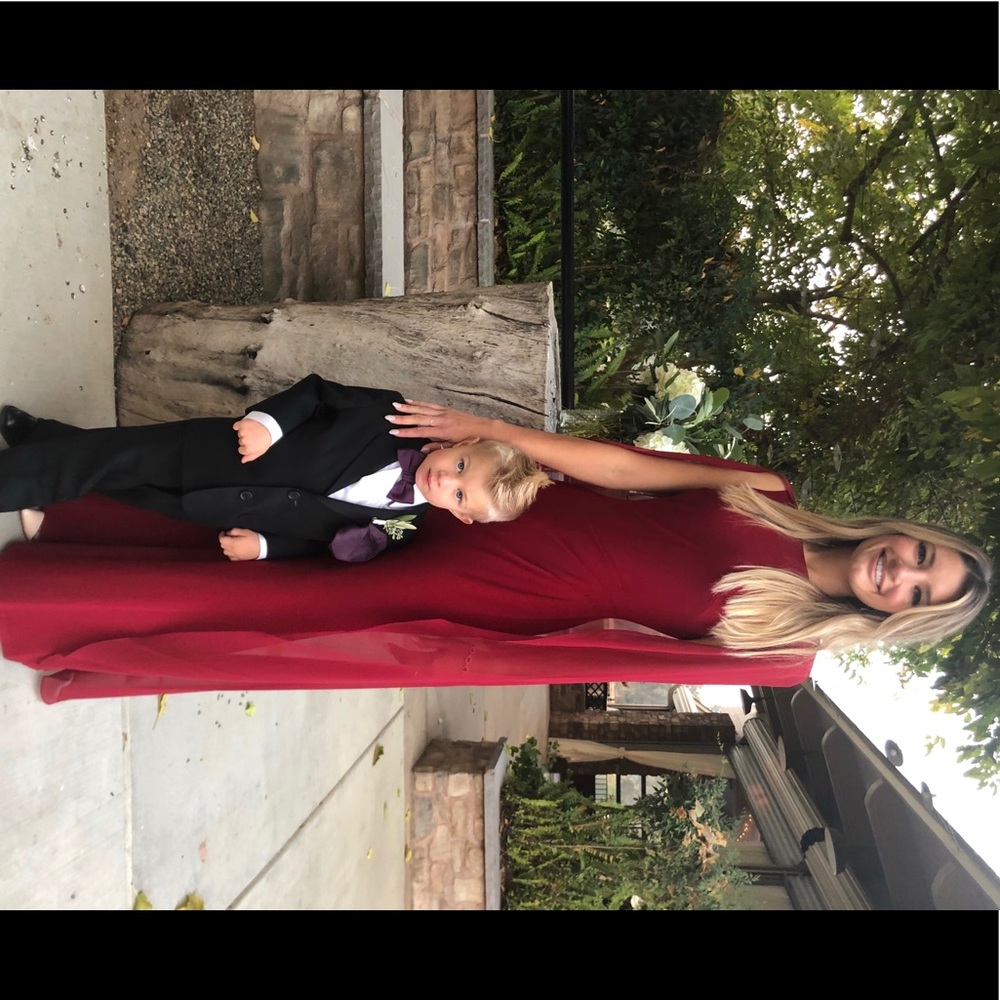 calvin klein red chiffon cape gown